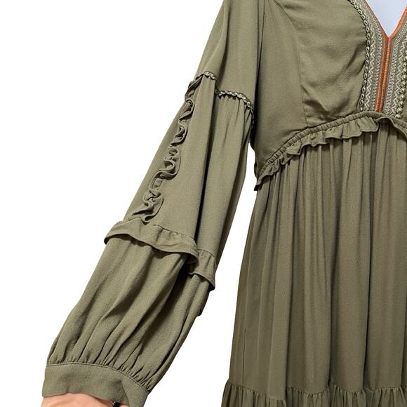 Hale Bob Josephine Embroidered Tiered Maxi Long Dress Size L Olive Green Boho - Picture 5 of 12